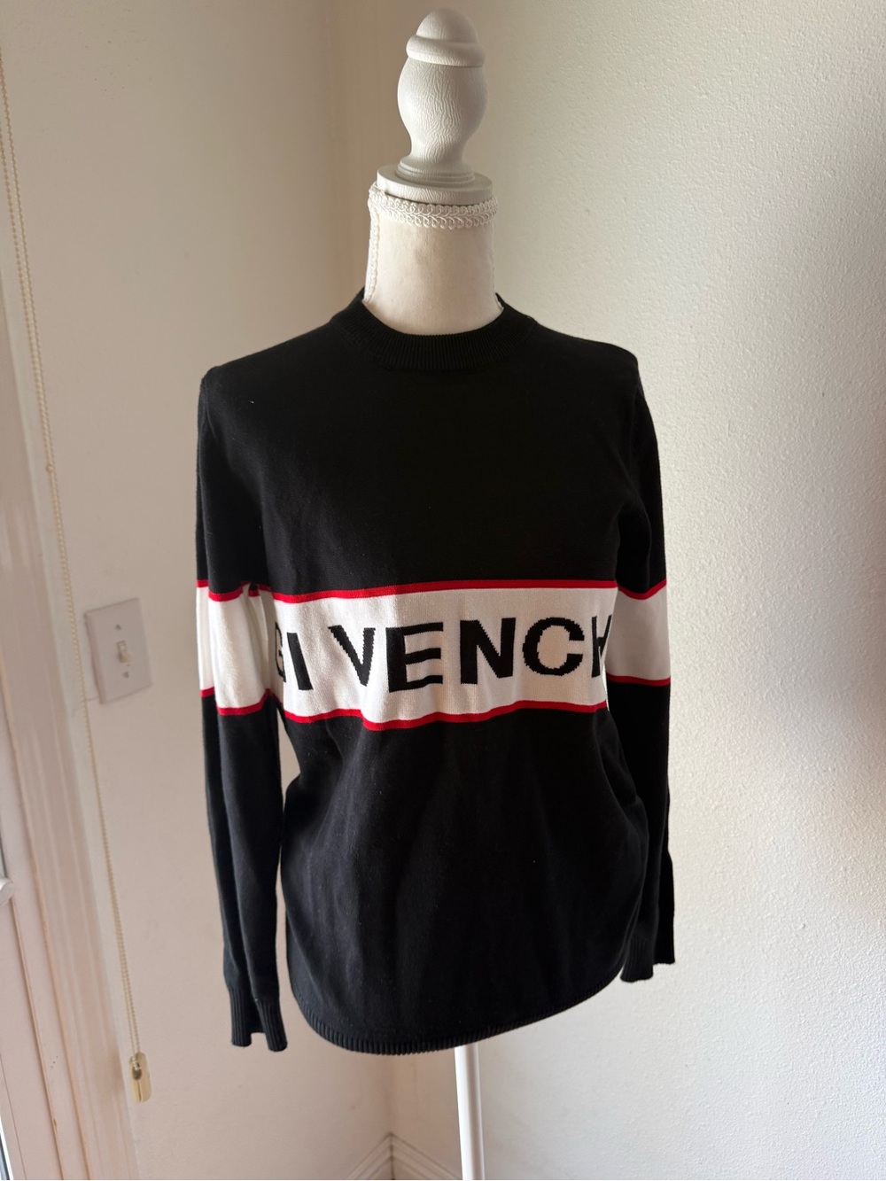 Givenchy Black, White & Red Logo Band Crewneck Sweater